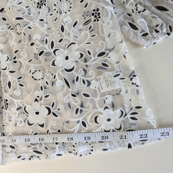 Ember Mesh Lace Pearl Button Up A-line Blouse ¾ Sleeves White Black Floral sz L - Picture 13 of 13